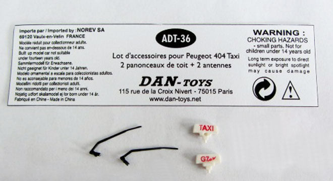 Lot d'Accessoires pour Peugeot 404 Taxi : 2 Panonceaux de Toit + 2 Antennes (Exclusivité Dan-Toys)