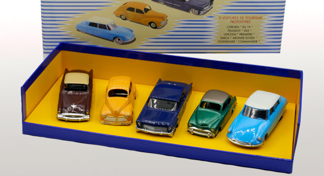 Coffret Prototypes N°2 Citroën DS19, Peugeot 203, Lincoln Premiere, Simca Aronde Elysée, Studebaker Commander (avec Livret Explicatif et Fiches) Livrée avec boite individuelle.