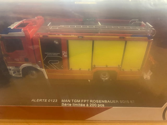 MAN  TGM FPT Rosenbauer Pompiers S.D.I.S. 87 Haute-Vienne Edition limitée à 200 exemplaires Ref ALERTE 0123